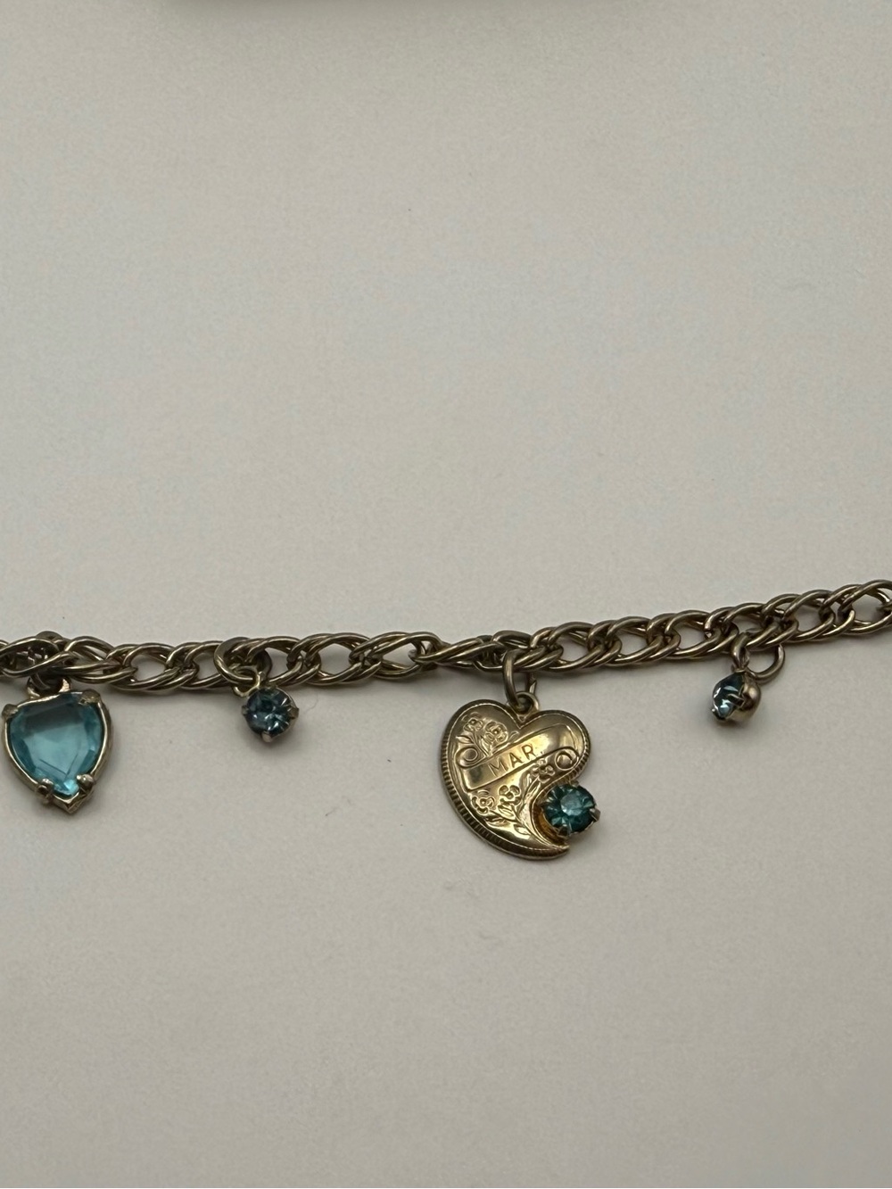 March Birthstone Charm Bracelet Blue Rhinestone Heart Gold Tone